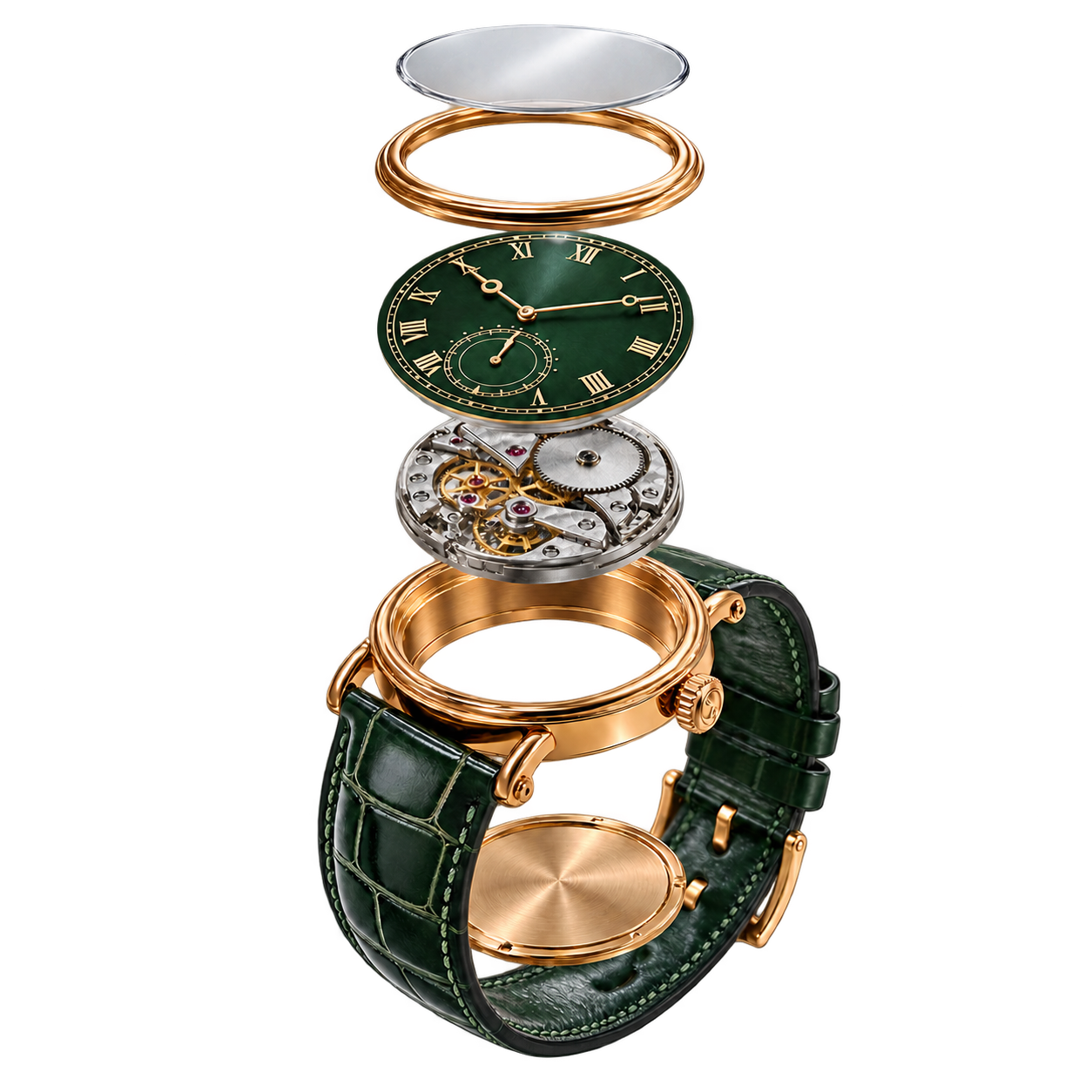 Exploded technical view of The Emerald Edit watch